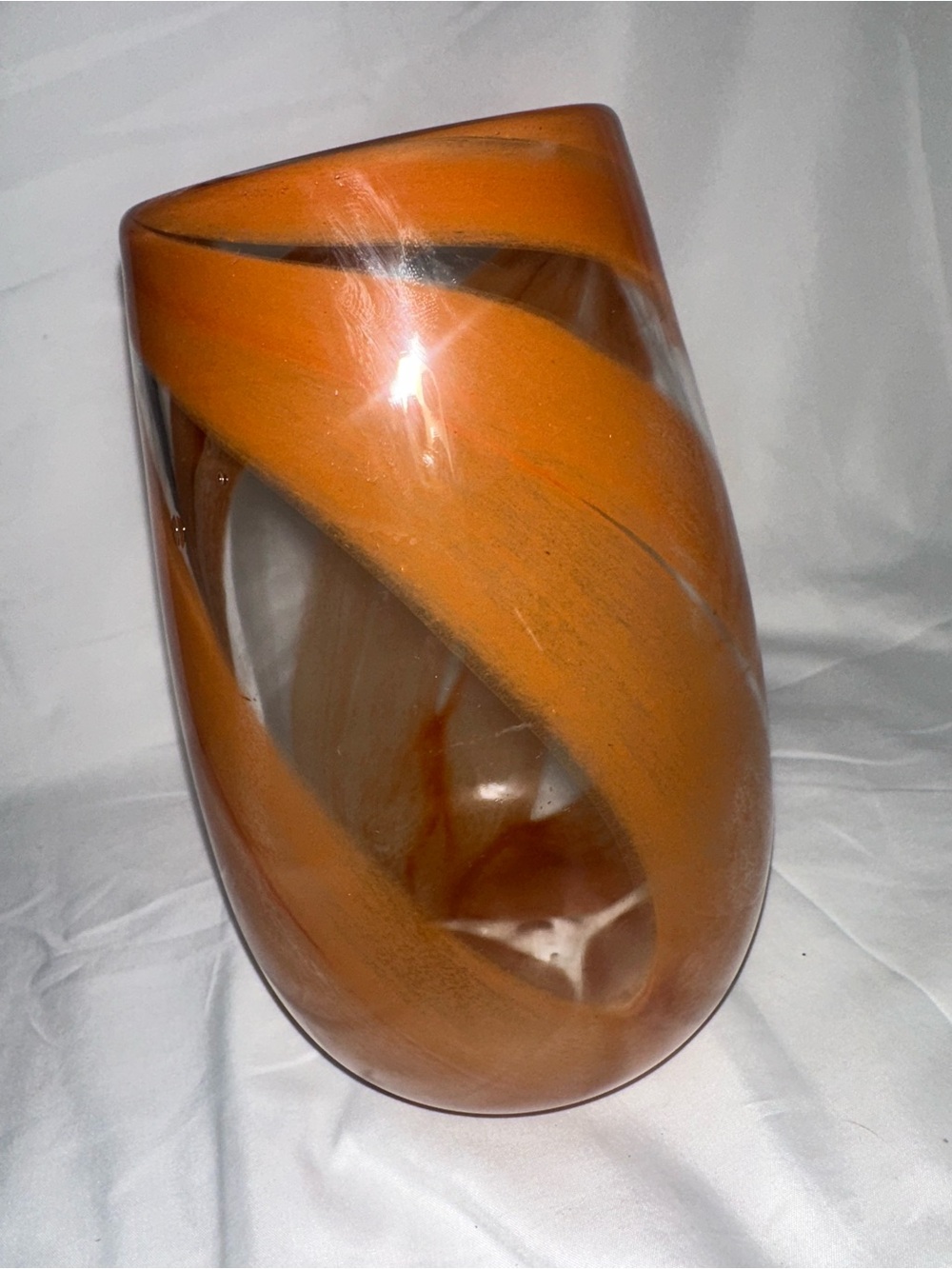 Vintage Orange Swirl Clear Art Glass Vase MCM Style Unmarked Approx 8”